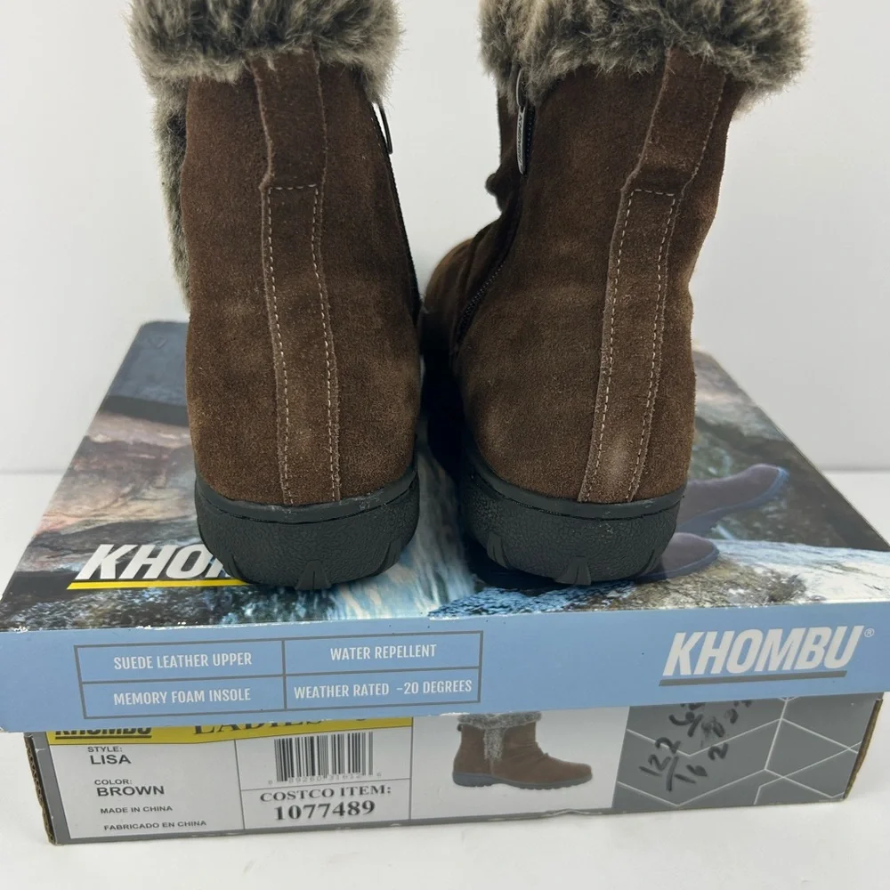 Khombu Lisa Brown Leather Faux Fur Ankle Snow Boots Water Repellent Women's 9